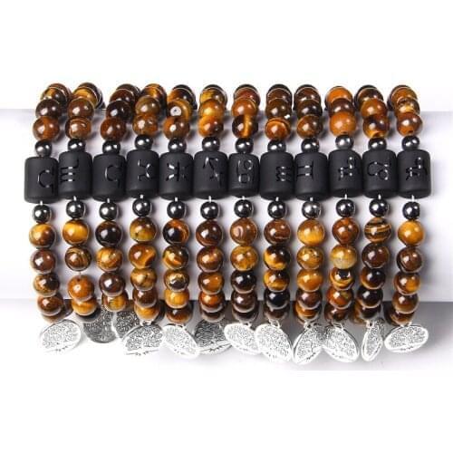 8mm 12 Zodiac Constellation Natural Tiger Eye Stone Bracelet Classic Life of Tree Pendant Energy Bracelet Jewelry for Women Men