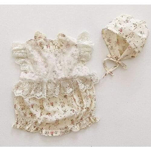 Baby Girl Clothes Babies Overalls Young Girls Short Sleeve Flower Lace Cute Romper Hat 2021 New Summer Clothing Infant Bodysuits