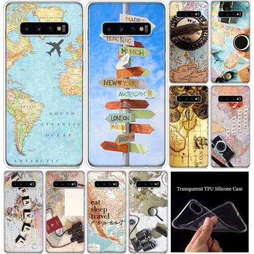 World Map Travel Soft Silicone Phone Case For Samsung Galaxy S10 S21 S20 FE Note 10 9 8 S9 S8 Plus Lite Ultra S7 + Coque