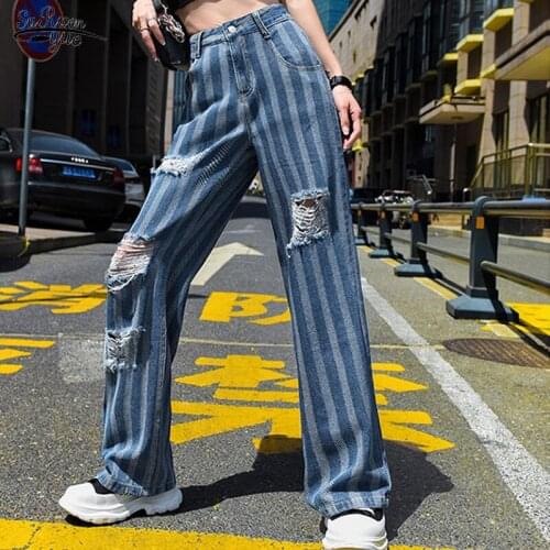 Hole Casual Womens Summer Thin Jeans High Waist Loose Thin Straight Wide Leg Pants Ripped Jeans for Women Vaqueros Mujer 15325