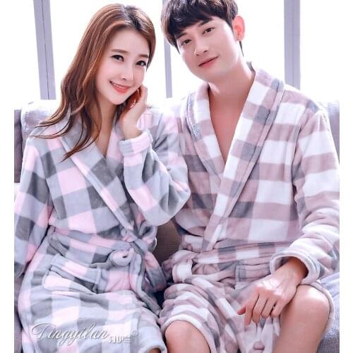 Flannel Couple Nightgown Ladies Female Fleece Warm Robe Coral Velvet Pajamas Mens Home Wear Long-sleeved Bathrobe D-2094