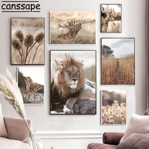 Lion Deer Canvas Poster Hay Print Grass Wall Posters Field Landscape Painting Nordic Wall Pictures For Living Room Decoration