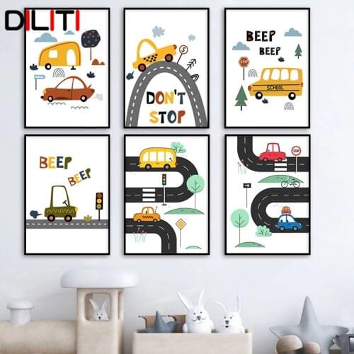 Cartoon Kids City Car Canvas Painting Art Nordic Nursery Posters and Prints for Baby Boy Bedroom Wall Pictures Home Decor