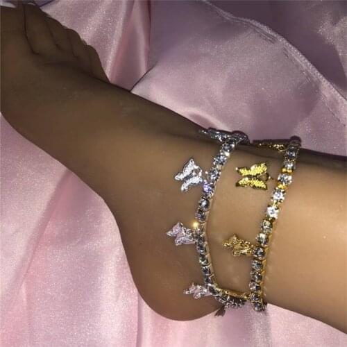 Metal Butterfly Anklet For Women Tennis Chain Ankle Bracelet Sandales Femmes été Nouveau Luxury Iced Out Cubic Zirconia Armband