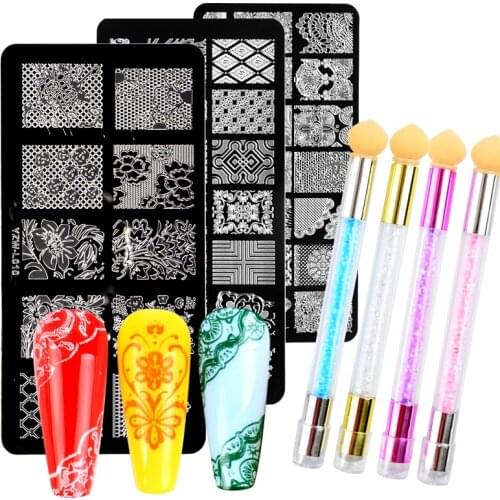 YWK Nail Stamping Plates Set Silicone Sponge Brush Polish Transfer Stencils Flower Geometry DIY Template for Nail Tool