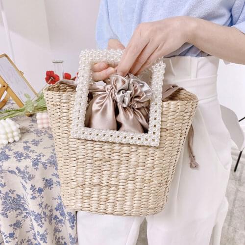 2021 New Female Bohemian Bag with Pearl Ladies Hand Bags Straw Basket Tote Crossbody Messenger Bag for Womens Handbags Purses