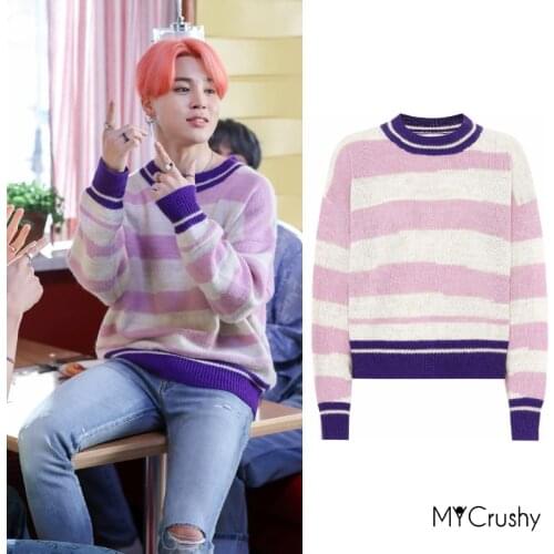Kpop JiMin Same Clothes Merch Sweaters Long Sleeve Crew Neck Color Striped Oversized Knitted Pullover Tops Textured Jumper