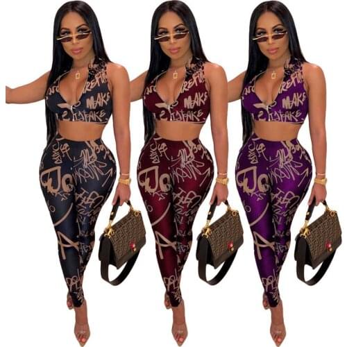 Sexy Letter Printing Two Piece Outfits Sleeveless Vest Crop Top & Sports Leggings Running Women Fitness Y2k Clothes Streetwear