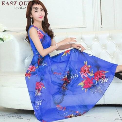 Floral Print Long Dress Women V-Neck Sleeveless Ankle-Length Beach Summer Dress Chiffon High Waist Woman Dress NN0323 HE