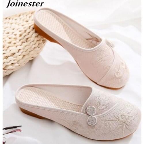 Women Summer Slippers Ladies Round Toe Embroider Flat Sandals Slipper Casual Loafers Walking Beach Shoes Retro Canvas Slides