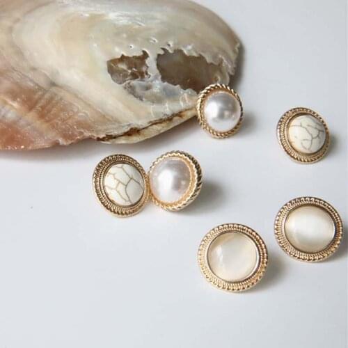 Hot Vintage Earrings For Women Geometric Round Marble Opal Stone Big Stud Earrings Gold Ear Stud Circle Pearls Stone Jewelry