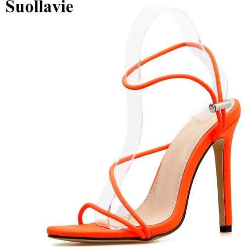 Suollavie Summer High Heels Green Orange Glitter Sandals Open Toe Women Shoes Ankle Strap Plus Size Sexy Party
