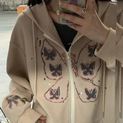 Sweatshirts Oversized hoodie butterfly retro pocket womens long-sleeved pullover 2021 zipper hoodie waffle winter jacket top