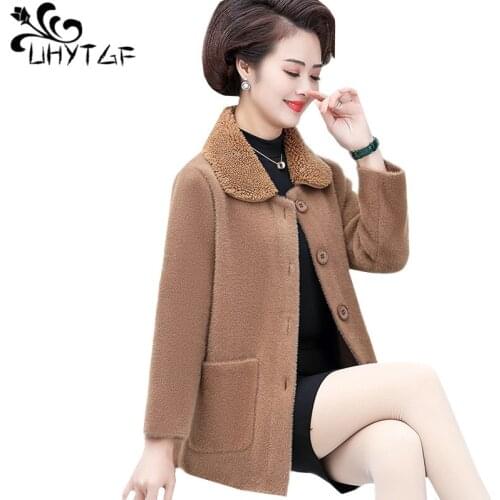 UHYTGF Spring autumn jacket women Quality mink velvet warm short woolen coat single-breasted loose 4XL plus size tops coats 1223