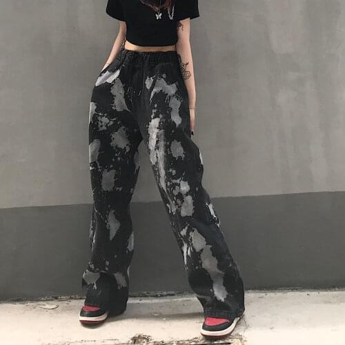 Street Gothic Tie-Dye Jeans Street Retro Womens Black Straight Loose Casual Elastic Waist Waist Thin Wide Leg Pants Pants