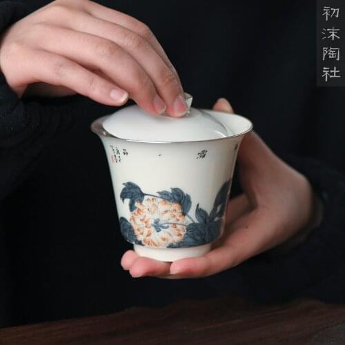 At the beginning of the jingdezhen manual hand-painted tureen single kunfu tea cups tea bowl bowl of water chestnut try