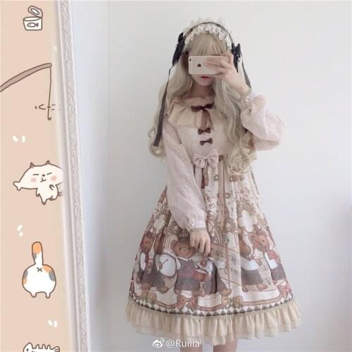 Japanese sweet lolita dress cute printing o-neck vintage lace bowknot victorian dress kawaii girl gothic lolita op loli cos