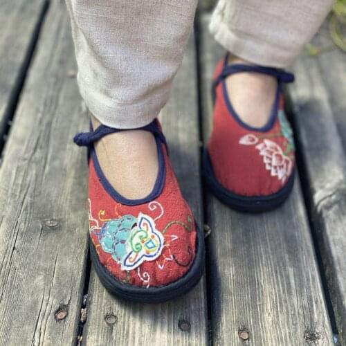 YourSeason Ladies Vintage Floral Shoes Handmade Round Toe 2021 New Concise Women Cotton Fabric Embroider Buckle Strap Flats