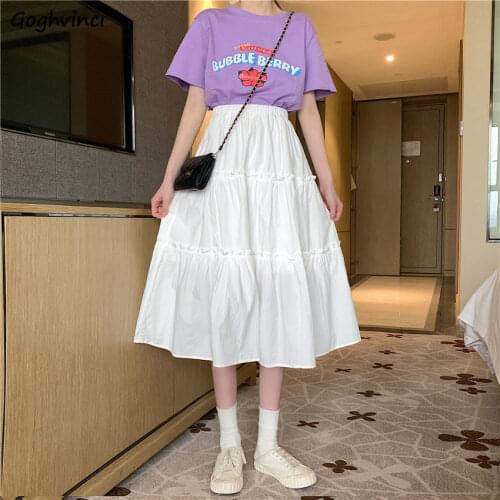 Skirts Women Summer Solid Fungus-line Loose A-line Mid-calf All-match Sweet Ulzzang Retro Elegant Womens Vintage Faldas Chic New
