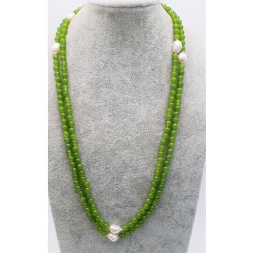 Yellow green jade round 6mm and freshwater pearl white baroque long necklace 45" nature FPPJ wholesale
