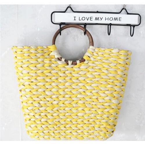New 2020 Womens Summer Straw Bag Beach Bag Mixed Color Woven Bag Round wood handle a6227