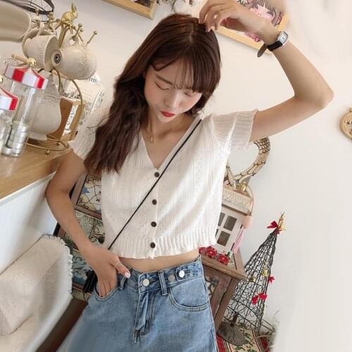 Fashion T-shirts Women Knitted Cute Crop Tees Female Buttoned Up V-Neck Solid Short Sleeve Casual 2020 Summer T-shirts For Women