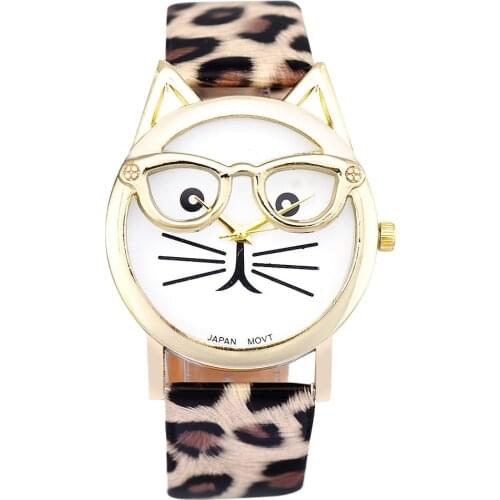 2020 Ladies Watches Fashion Leopard Print Watches Cute Glasses Cat Watches Women Faux Leather Band Quartz Wristwatches Best Gift
