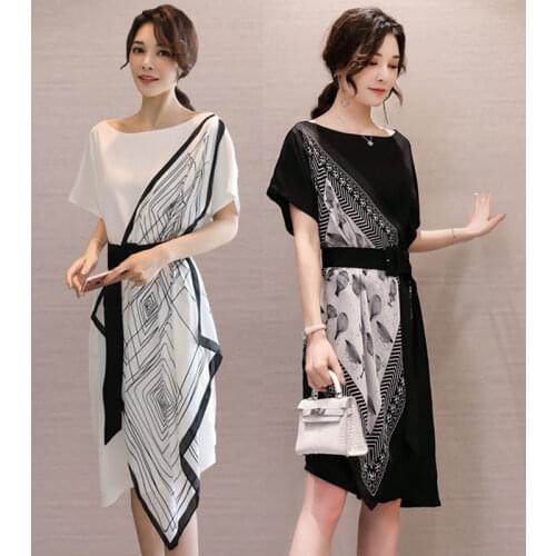 Women dresses print Scarf pathwork dresses A-line knee-length Asian Style dresses young ladies dresses