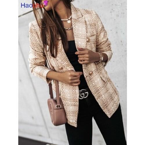 Casual Double-breasted Plaid Suits Coat Slim Office Lady Suit Collar Jacket Women Elagant Chic Coats Spring 2021