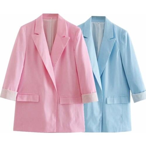 Women fashion linen blazer Female long sleeves turn-up printed cuffs lapel collar Casual blazers Coat front flap pockets 2021