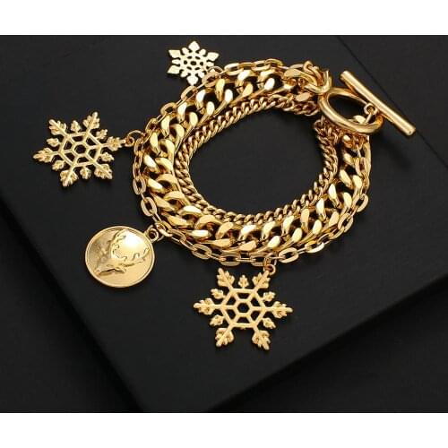 Flashbuy Christmas Gold Color Chain Bracelet Personality Snowflake Elk Multilayer Charms Bracelets For Women Fashion Accessories