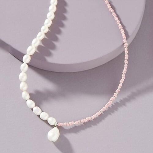 Women trendy charm pearl pendant necklace pink rice bead stitching 2020 new bohemian jewelry accessories halloween party necklac