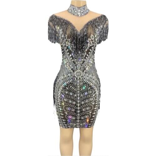 Women New Sparkly Silver Shiny Rhinestone Black Fringe Dress Evening Birthday Celebrate Prom Bar Dancer Mesh Singer Host Dress
