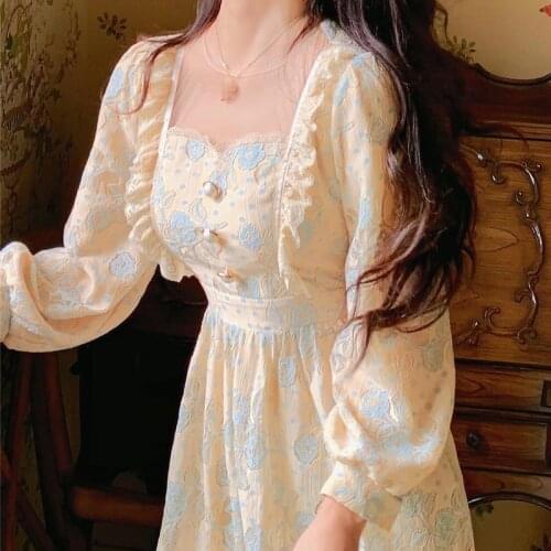 Tinomiswa Lace Patchwork Vintage Dress Women Square Collar Long Sleeve Dresses Slim Waist A Line Elegant Retro Vestidos Mujer