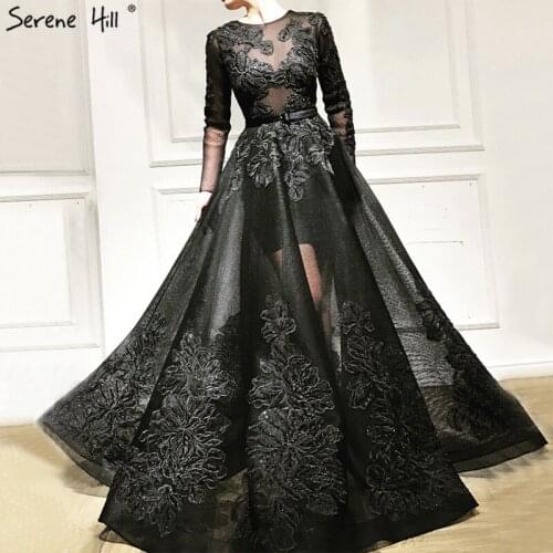 Serene Hill Black O-Neck Handmade Flowers Evening Dress 2020 Long Sleeves Perspective Sexy Formal Party Wear Gown CLA60837