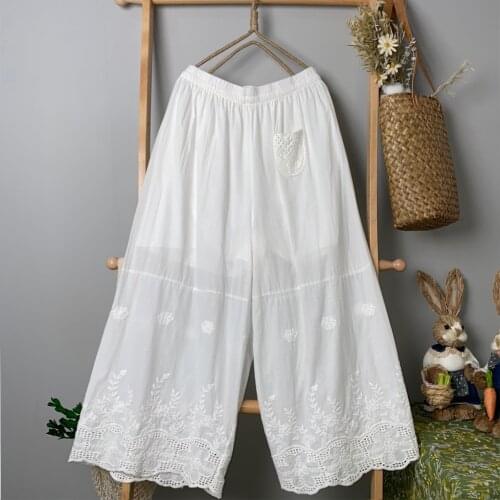2021 New Summer Women Pants Mori Girl Elastic Waist Embroidery Loose Cotton Wide Leg Pants