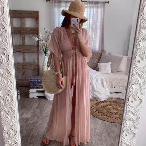 2020 Summer Solid Lace Beach Cover Up Long Cardigan Lace Up Swimwear Beach Dress Kaftan Beach Wear Swimsuit Pareo Saida De Praia