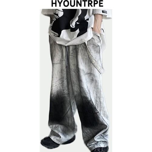 Men Vintage Graffiti Printed Denim Pants Elastic Waist Loose Straight Jeans Trouser Hip Hop Streetwear Casual Joggers Jean Pants