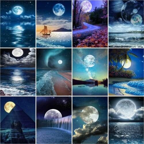 HUACAN Diamond Art Painting Moon Kits Diamond Embroidery Mosaic Night View Cross Stitch Bedroom Decoration Wall Stickers