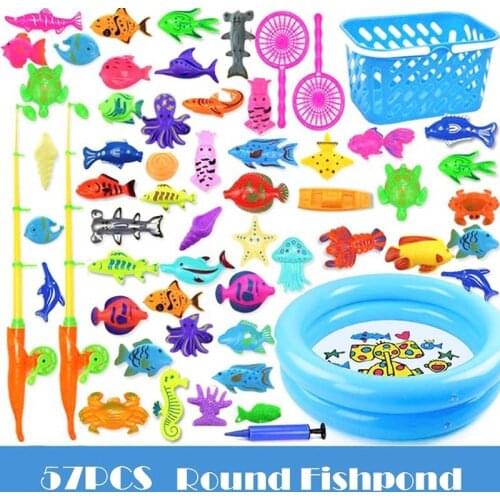 15-57pcs Childrens Magnetic Fishing Toys Set With Rod Net Inflatable Pool Fun Fishing Game Outdoor Toys For Kids Gifts