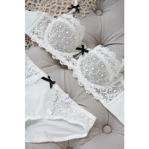 Black white sexy lace embroidery cutout ultra-thin bra set half cup bra womens transparent underwear A B C D Cup 32 -38 D Cup