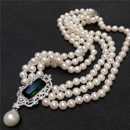 Hot sell new 8-9mm natural white freshwater pearl multi-layer necklace zircon accessories fine jewelry