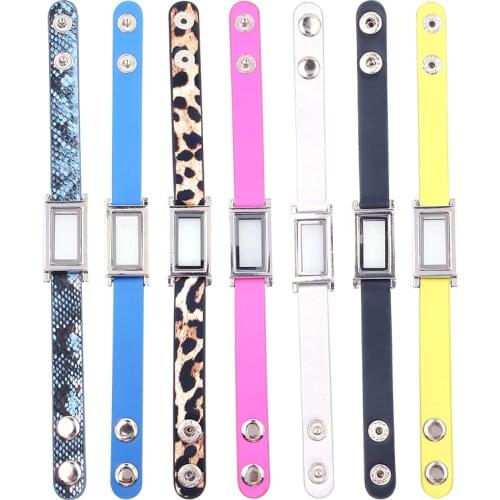 1pcs Rectangle Floating Glass Locket Single Wrap thick PU Leather Bracelets Wristband Christmas gifts Jewelry Making