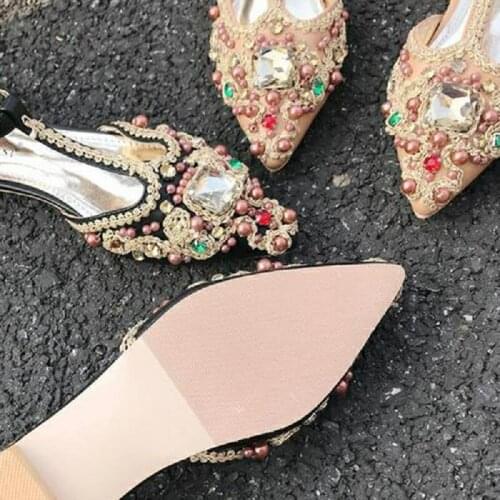 Fashion Pointed Exquisite Rhinestone Hand-Embroidered Sandals Summer New Style Comfortable Flat Bottom All-Match Womens Shoes