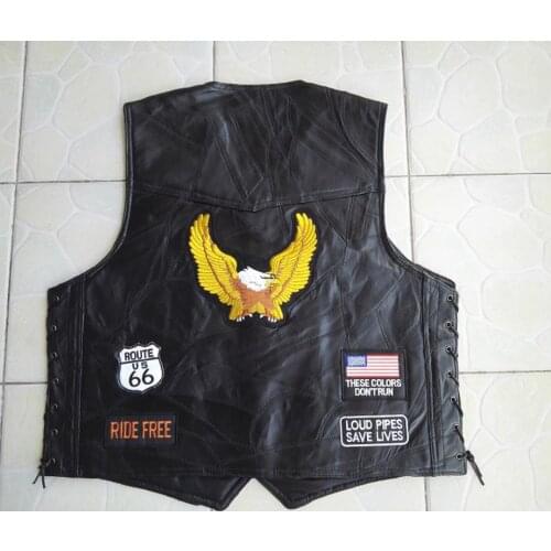 Motorcycle Leather Vest Mens Eagle Patch Black Leather Waistcaot Adjustable Lacing US Flag MC Biker Vests Sheepskin US S-4XL