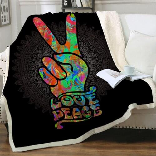 New Hippie Sherpa Fleece Blanket Gold Mandala Plush Blanket Victory Sign Retro Blankets For Beds Fashion blanket