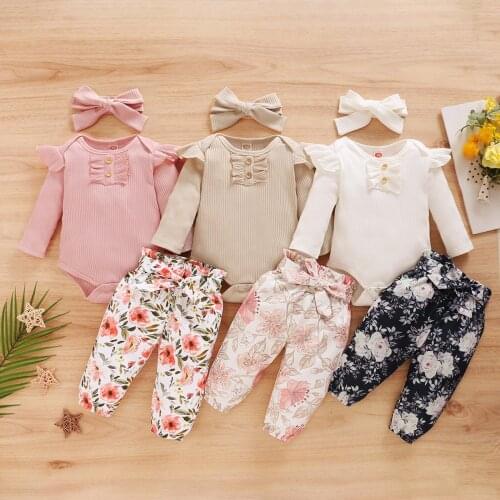Newborn Baby Girls Clothes Little Girl Clothing Long Sleeve Ruffles Romper+Floral Print Pants+Headbands Set 6 9 12 18 Months