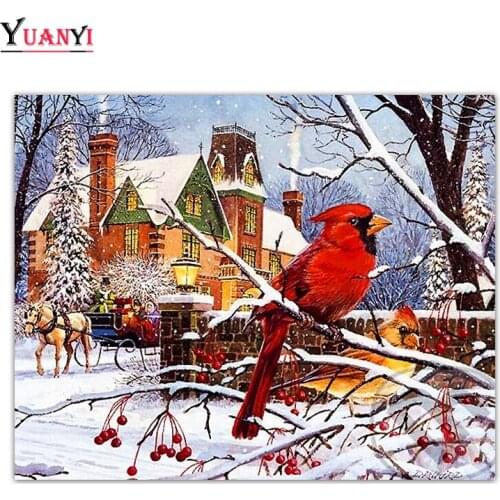 Full Square Diamond Painting Winter Snow Bird House Round Diamond Mosaic 5D Diamond Embroidery Animal Cross Stitch Home Decor