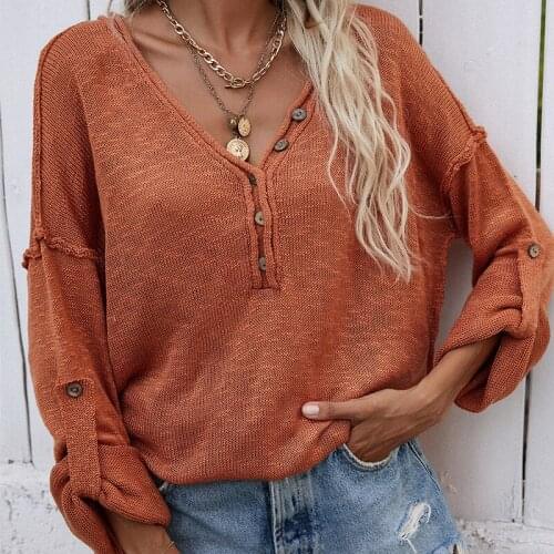 Autumn and Winter V-Neck Knitted Solid Color Pullover Loose Casual Button Sweaters Women Jumper Long-Sleeved Stitching Sweater