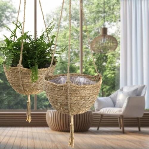 Garden Straw Woven Basket Portable Suspended Wall Hanging Flower Plant Suspension Basket for Balcony Potted Plant Home Decor